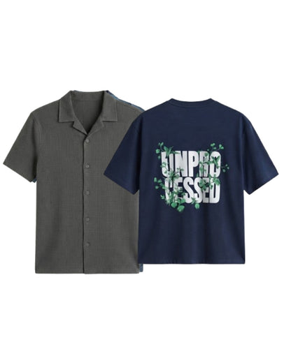 Pack Of 2 Oversized Unproccesed T-Shirt & Charcoal Cuban Shirt