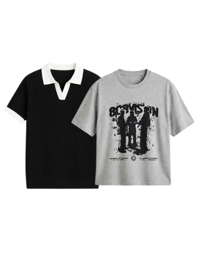 Pack Of 2 Oversized Stranger T-Shirt & Black Johnny Collar