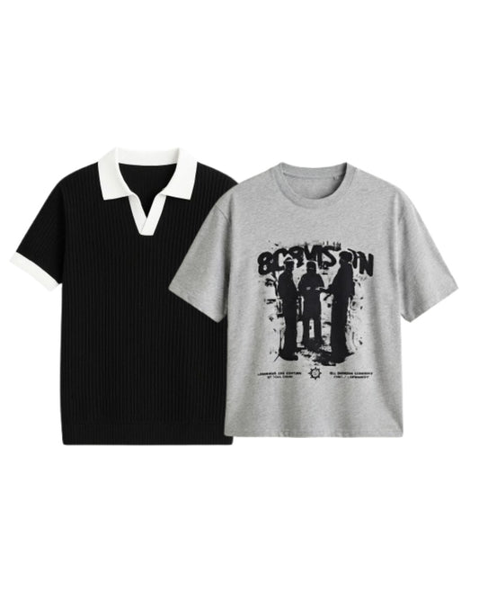 Pack Of 2 Oversized Stranger T-Shirt & Black Johnny Collar