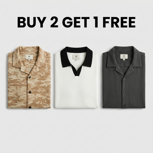 Buy 2 Get 1 Free Brown Camouflage/White Johnny Collar/Charcoal Cuban Shirt